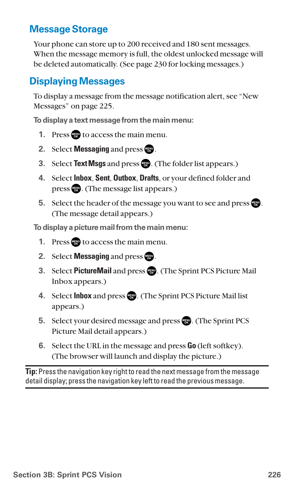 Message storage, Displaying messages | Sanyo SCP-7400 User Manual | Page 239 / 293