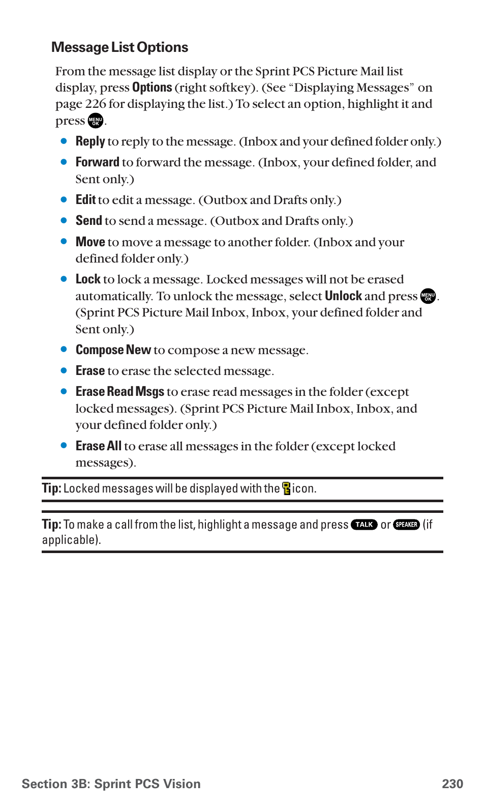 Message list options, Edit to edit a message. (outbox and drafts only.), Send to send a message. (outbox and drafts only.) | Compose new to compose a new message, Erase to erase the selected message | Sanyo SCP-7400 User Manual | Page 243 / 293