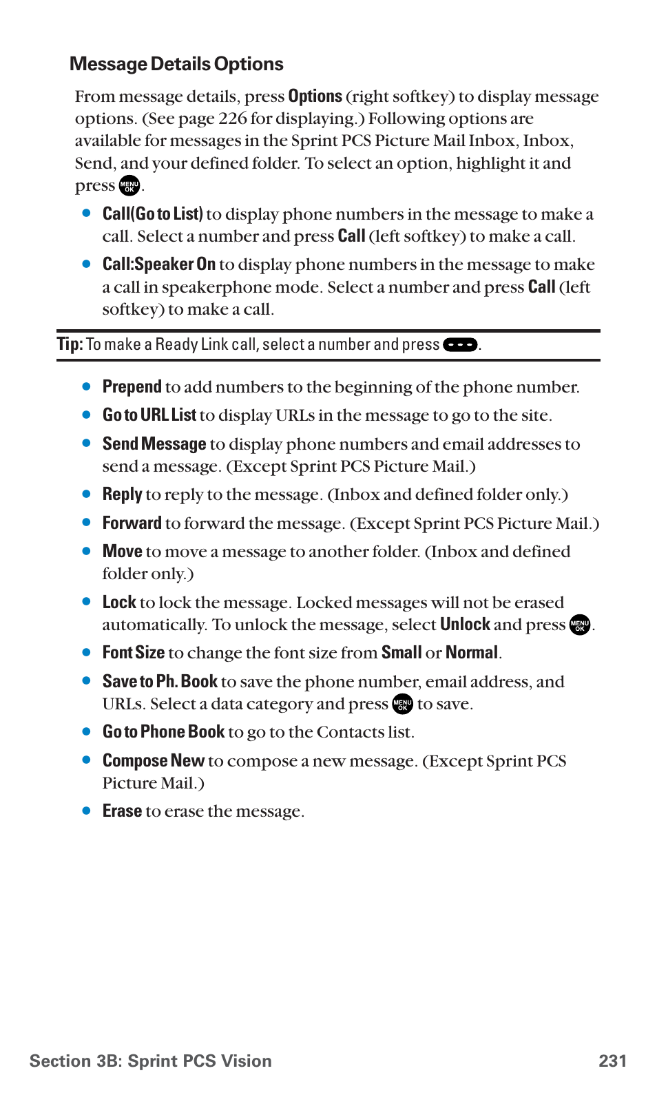 Message details options, Go to phone book to go to the contacts list, Erase to erase the message | Sanyo SCP-7400 User Manual | Page 244 / 293