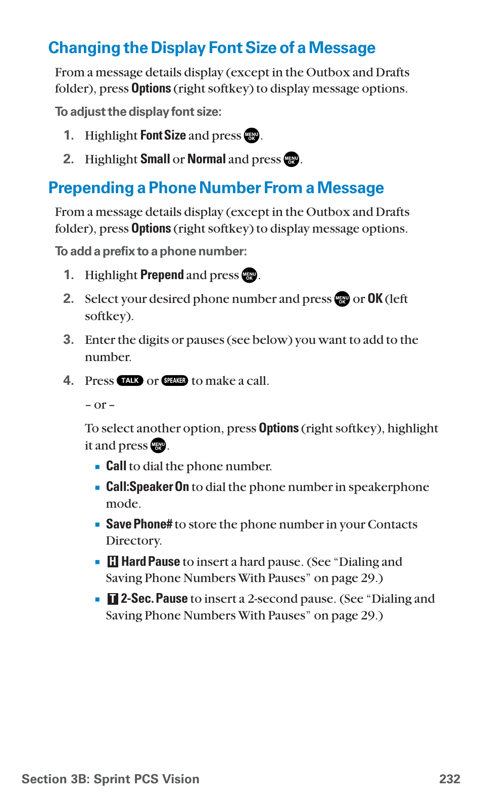 Changing the display font size of a message, Prepending a phone number from a message | Sanyo SCP-7400 User Manual | Page 245 / 293