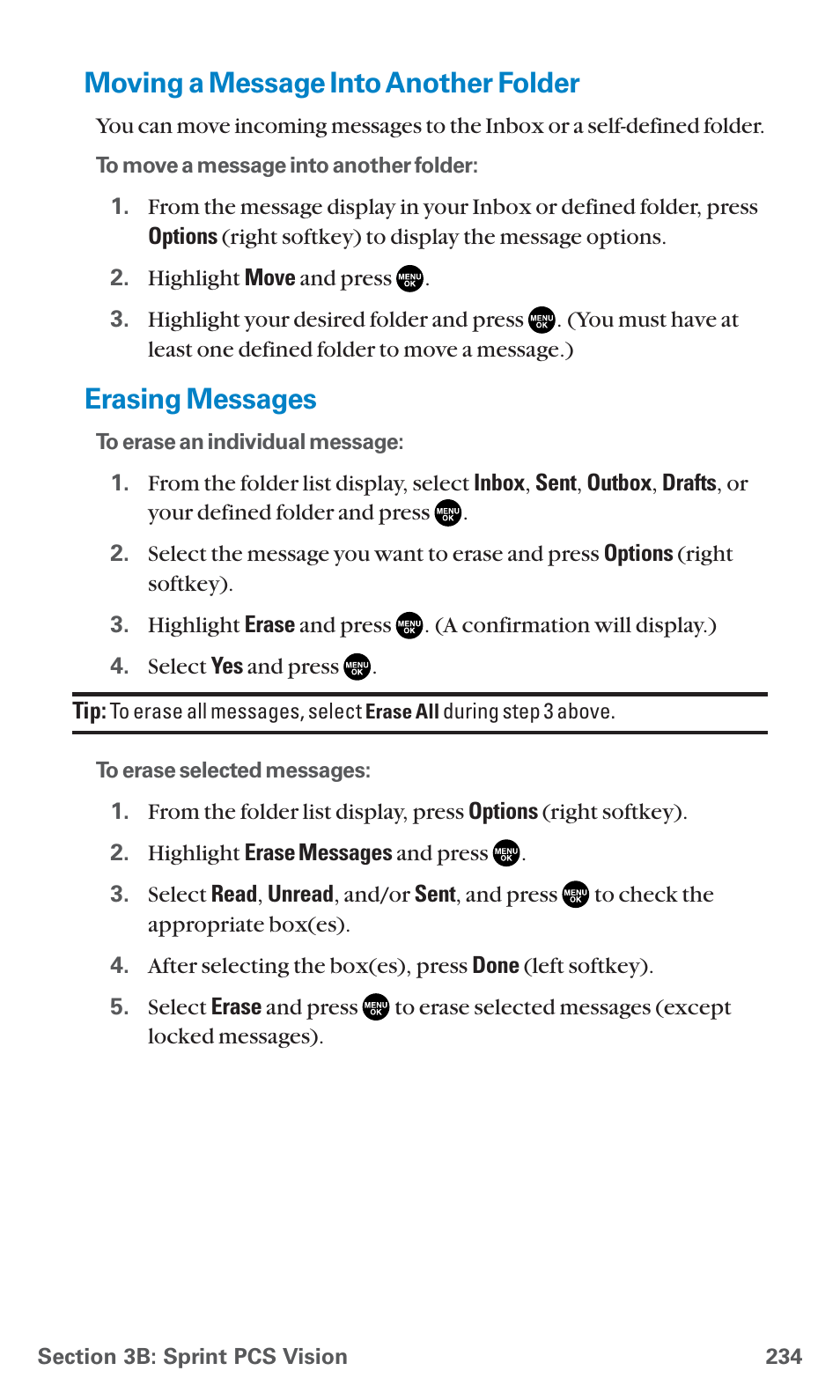 Moving a message into another folder, Erasing messages | Sanyo SCP-7400 User Manual | Page 247 / 293