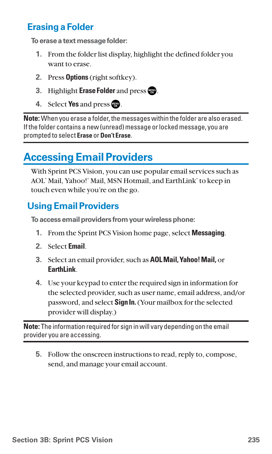 Erasing a folder, Accessing email providers, Using email providers | Sanyo SCP-7400 User Manual | Page 248 / 293