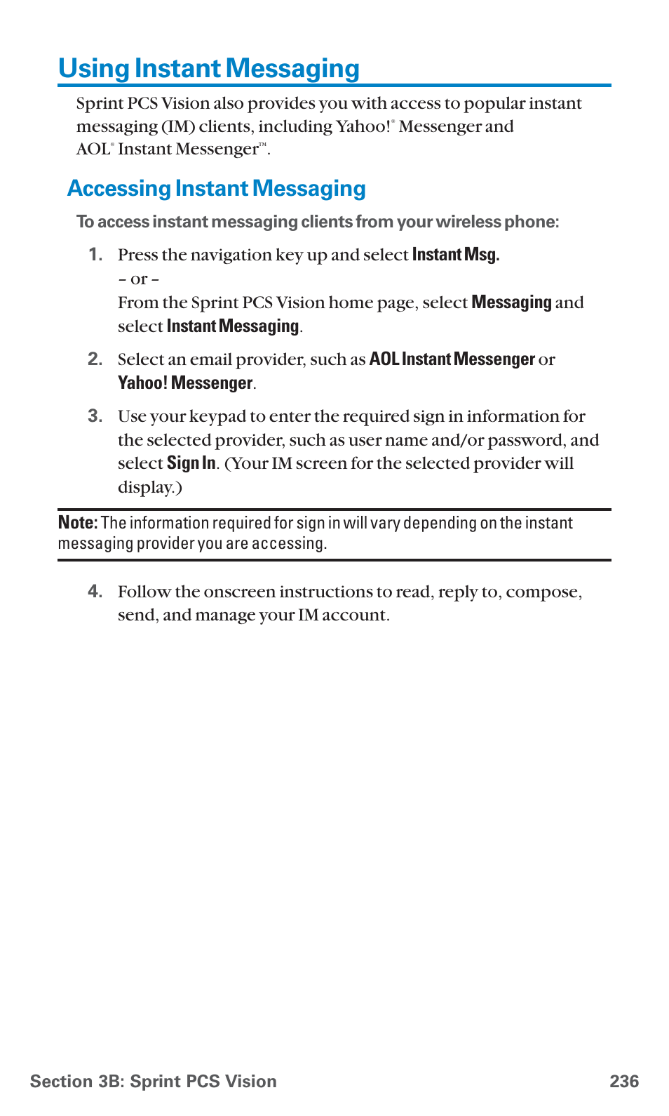 Using instant messaging, Accessing instant messaging | Sanyo SCP-7400 User Manual | Page 249 / 293