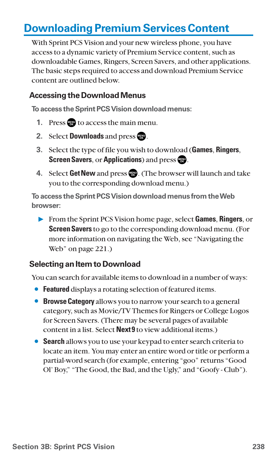 Downloading premium services content | Sanyo SCP-7400 User Manual | Page 251 / 293