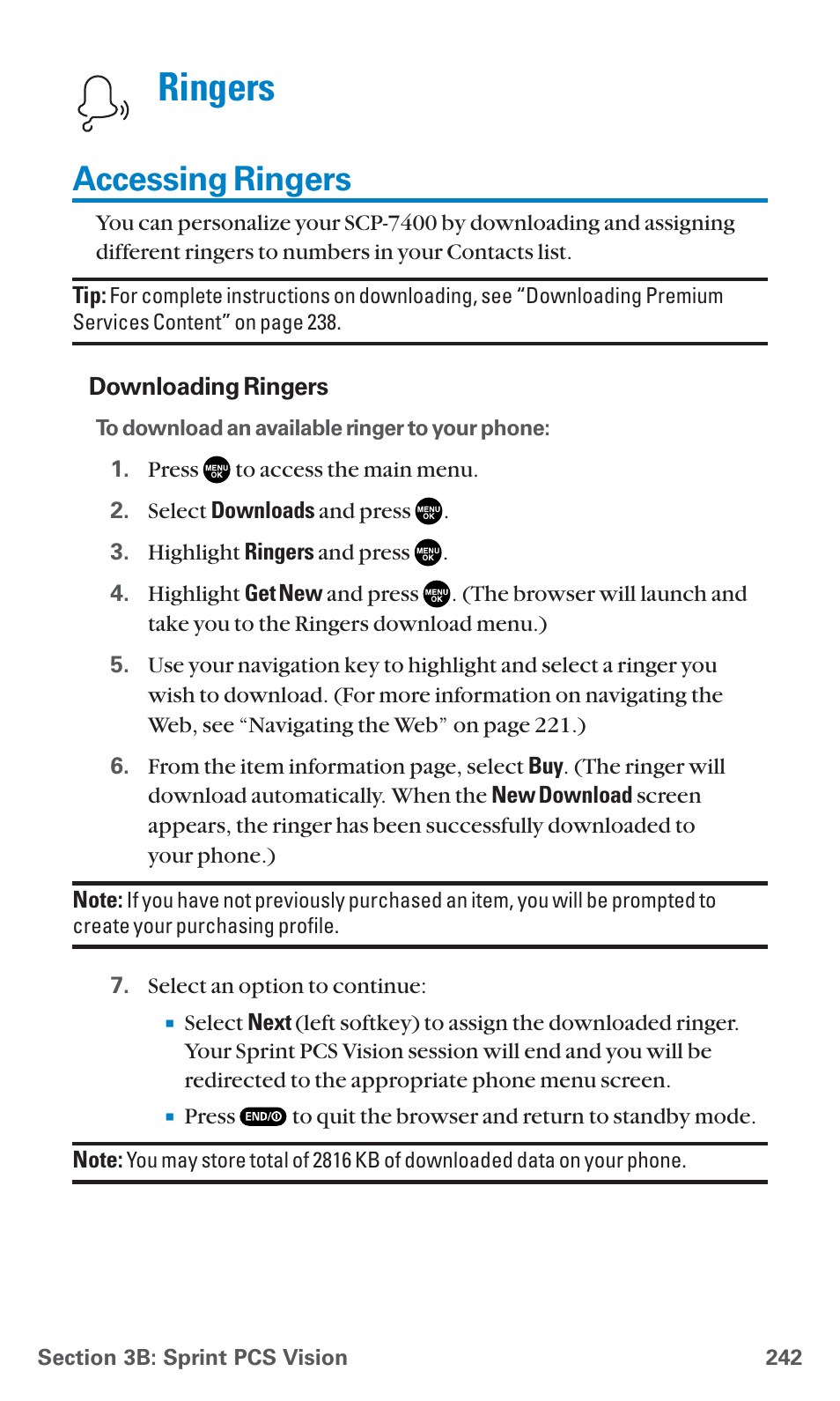 Accessing ringers, Ringers | Sanyo SCP-7400 User Manual | Page 255 / 293