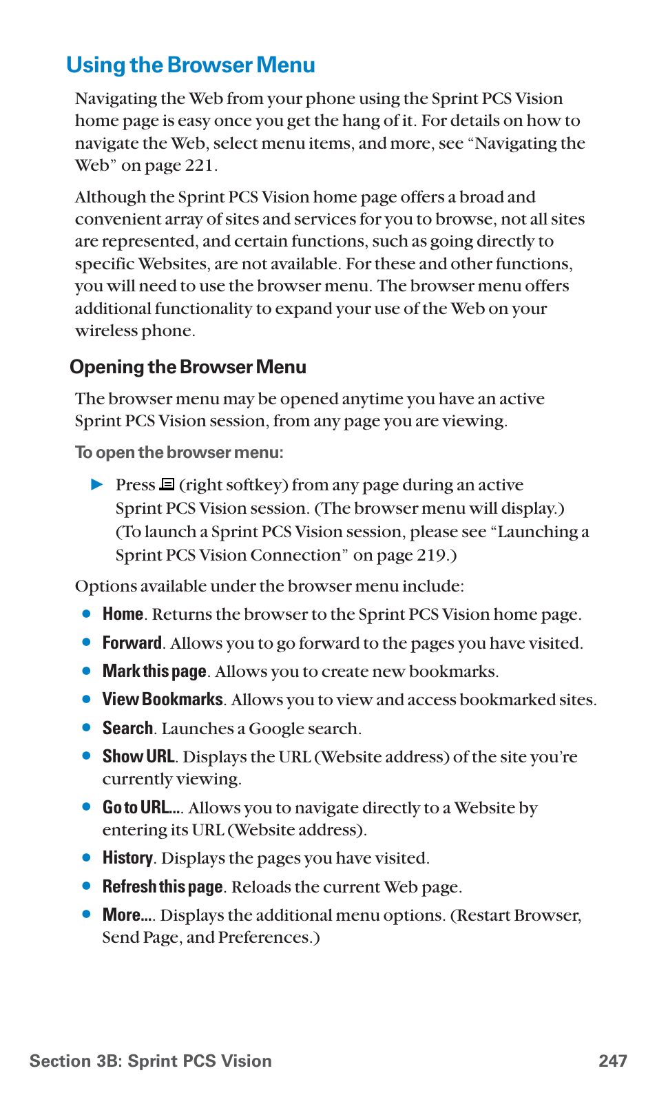 Using the browser menu, Opening the browser menu, Search . launches a google search | History . displays the pages you have visited, Refresh this page . reloads the current web page | Sanyo SCP-7400 User Manual | Page 260 / 293