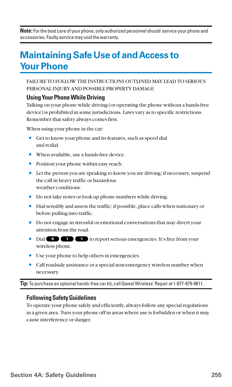 Maintaining safe use of and access to your phone, Using your phone while driving, Following safety guidelines | Sanyo SCP-7400 User Manual | Page 268 / 293