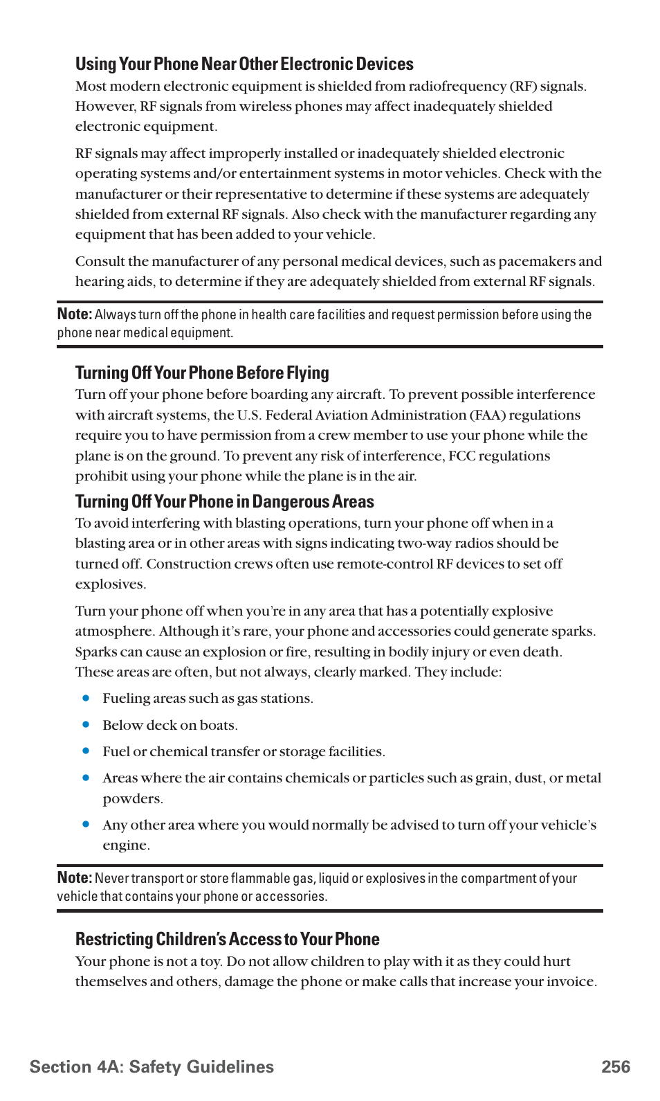 Using your phone near other electronic devices, Turning off your phone before flying, Turning off your phone in dangerous areas | Restricting children’s access to your phone | Sanyo SCP-7400 User Manual | Page 269 / 293