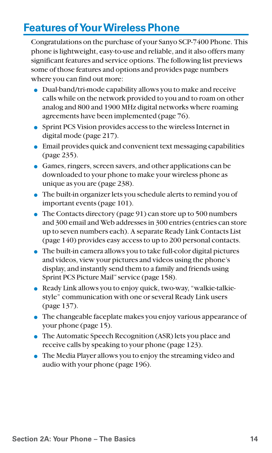 Features of your wireless phone, Ser vice (page 158) | Sanyo SCP-7400 User Manual | Page 27 / 293