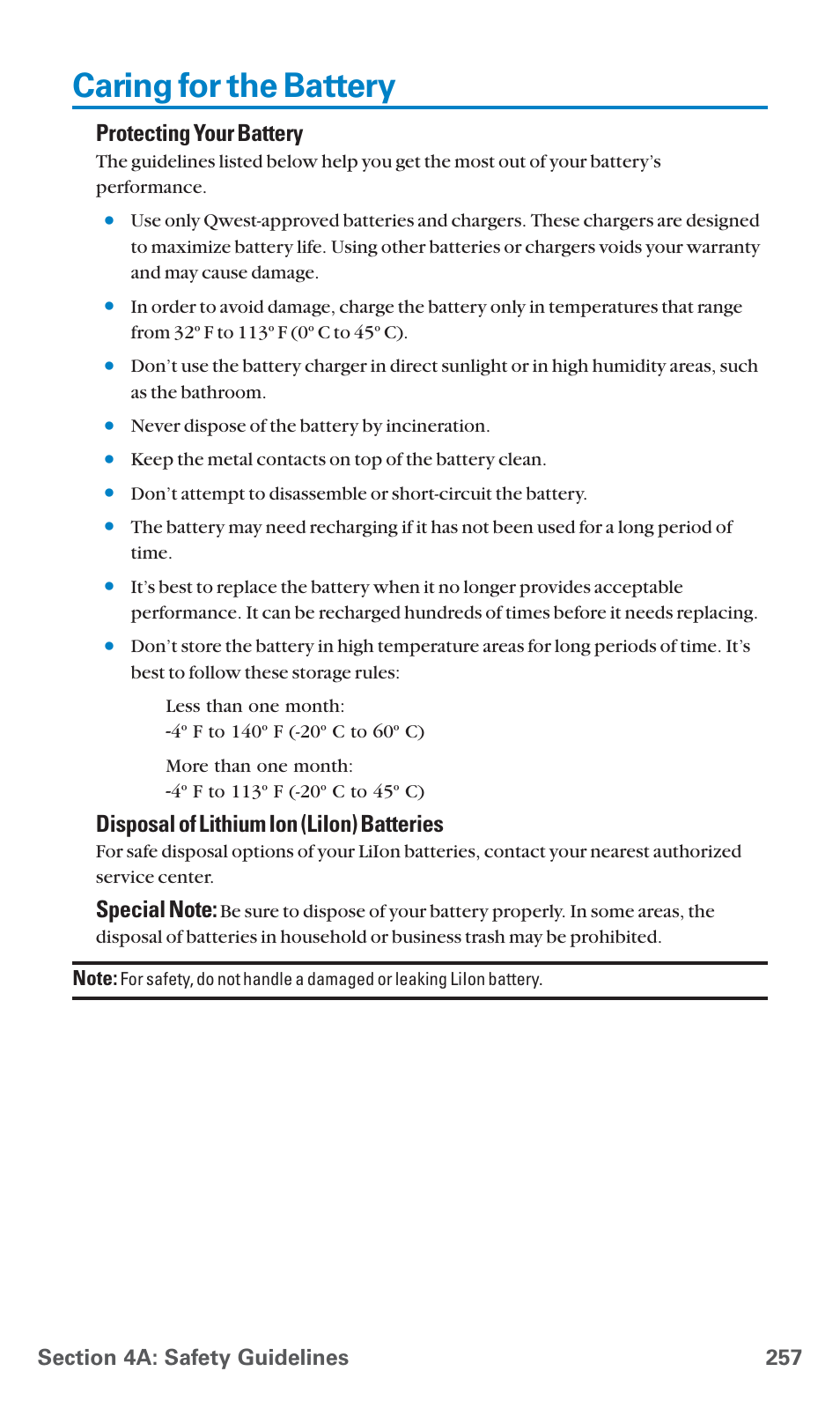 Caring for the battery, Protecting your battery, Disposal of lithium ion (liion) batteries | Sanyo SCP-7400 User Manual | Page 270 / 293