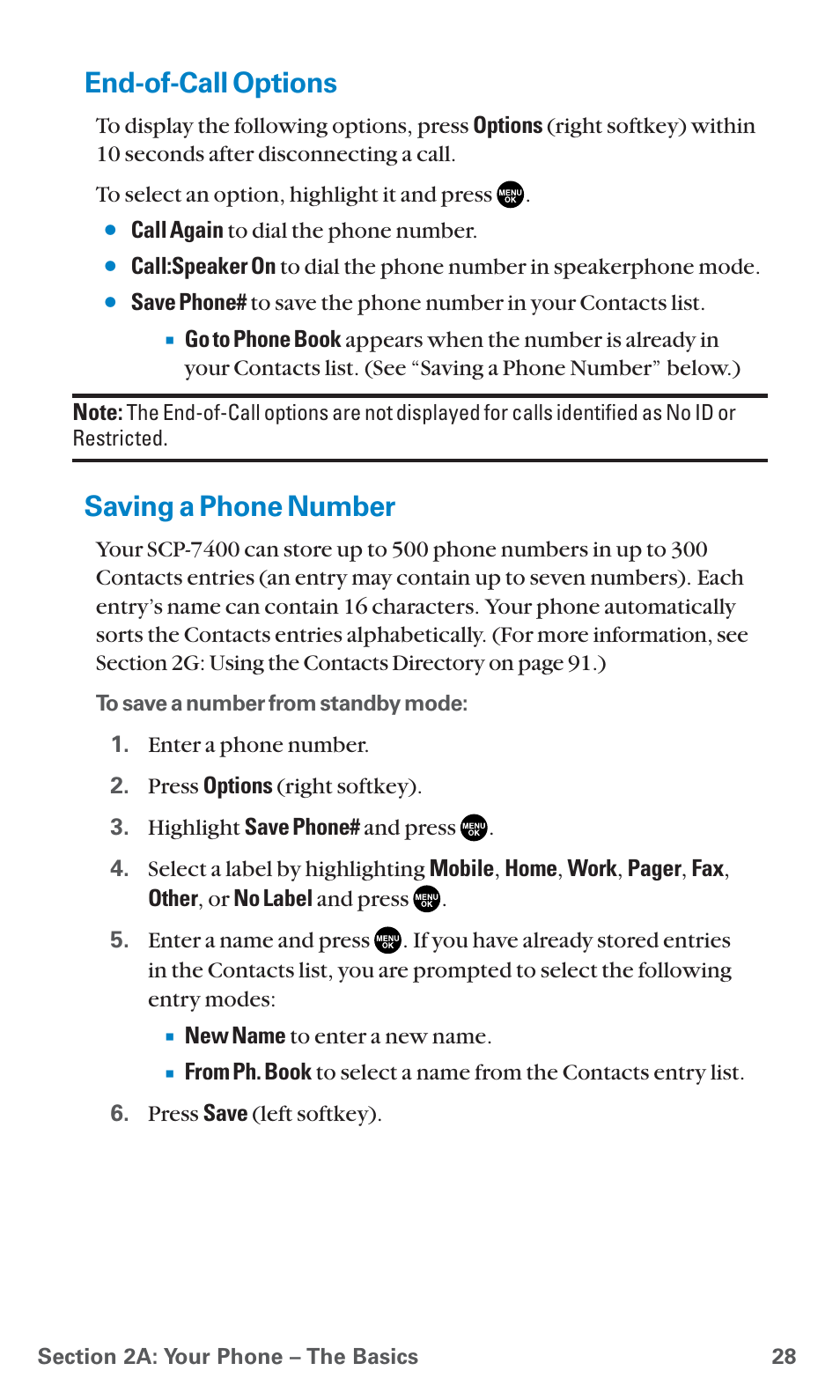 End-of-call options, Saving a phone number | Sanyo SCP-7400 User Manual | Page 41 / 293