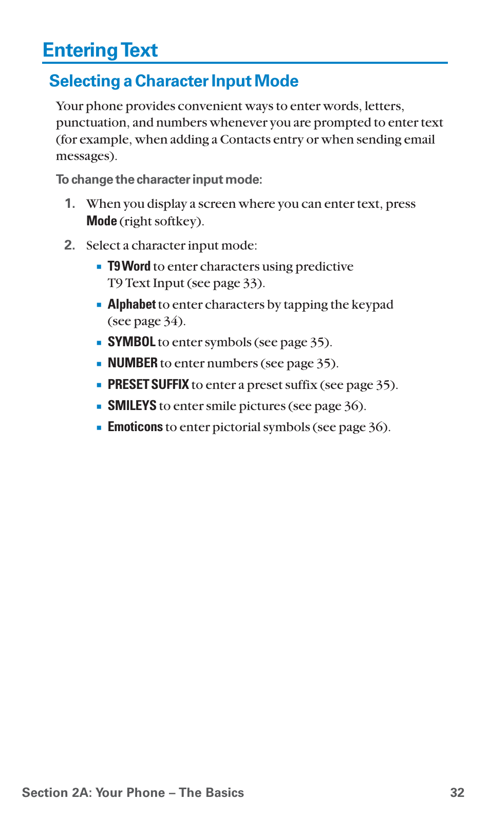 Entering text, Selecting a character input mode | Sanyo SCP-7400 User Manual | Page 45 / 293