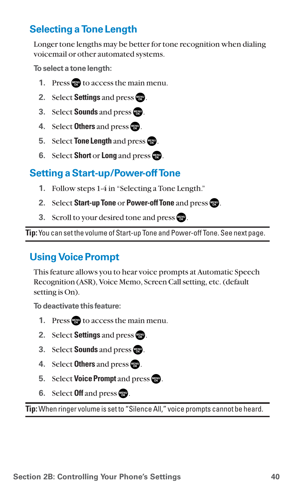 Selecting a tone length, Setting a start-up/power-off tone, Using voice prompt | Sanyo SCP-7400 User Manual | Page 53 / 293