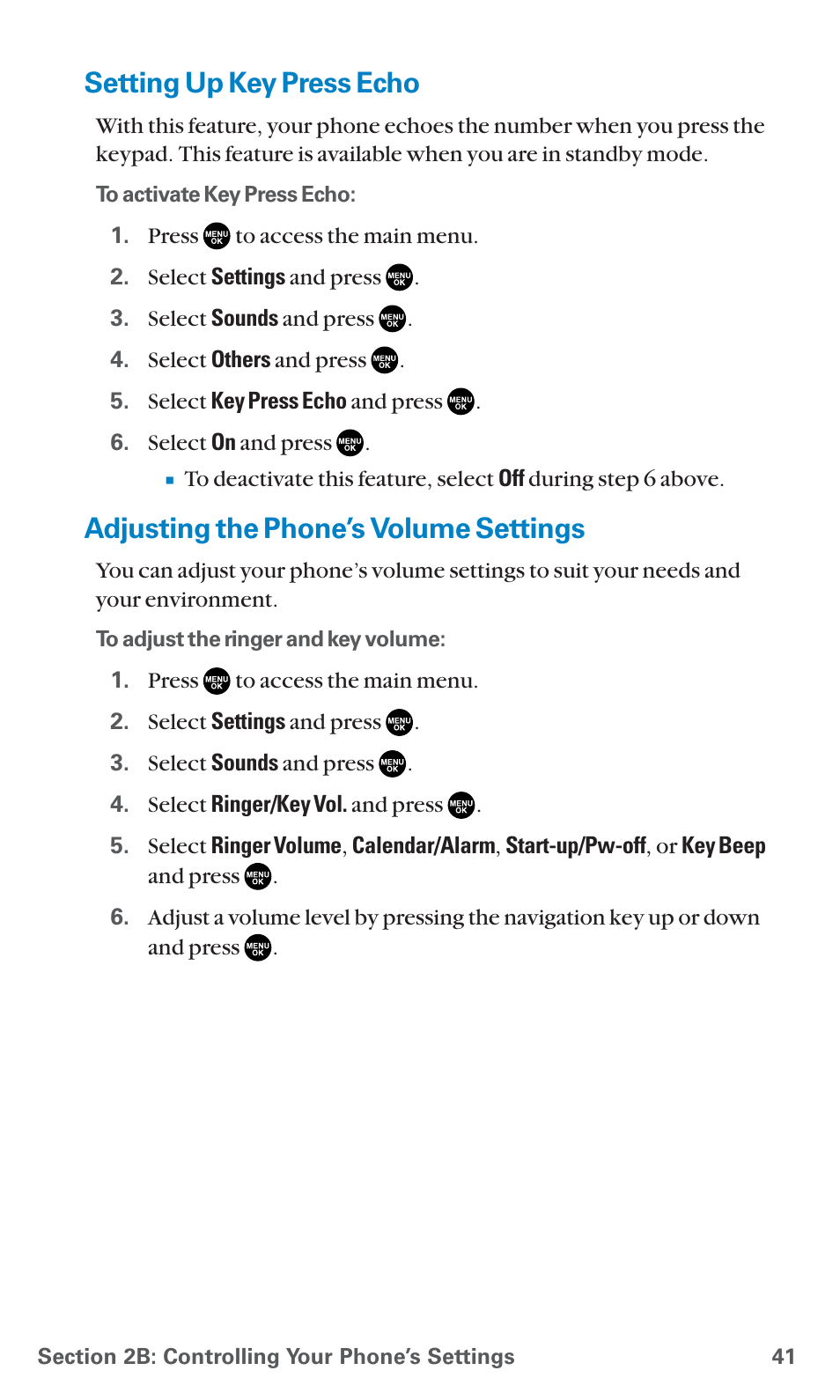 Setting up key press echo, Adjusting the phone’s volume settings | Sanyo SCP-7400 User Manual | Page 54 / 293