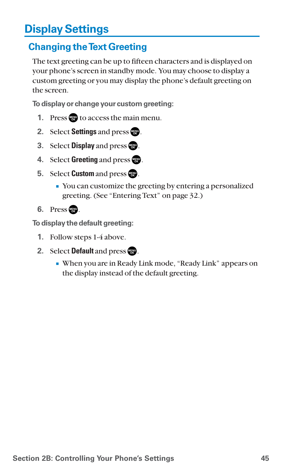 Display settings, Changing the text greeting | Sanyo SCP-7400 User Manual | Page 58 / 293