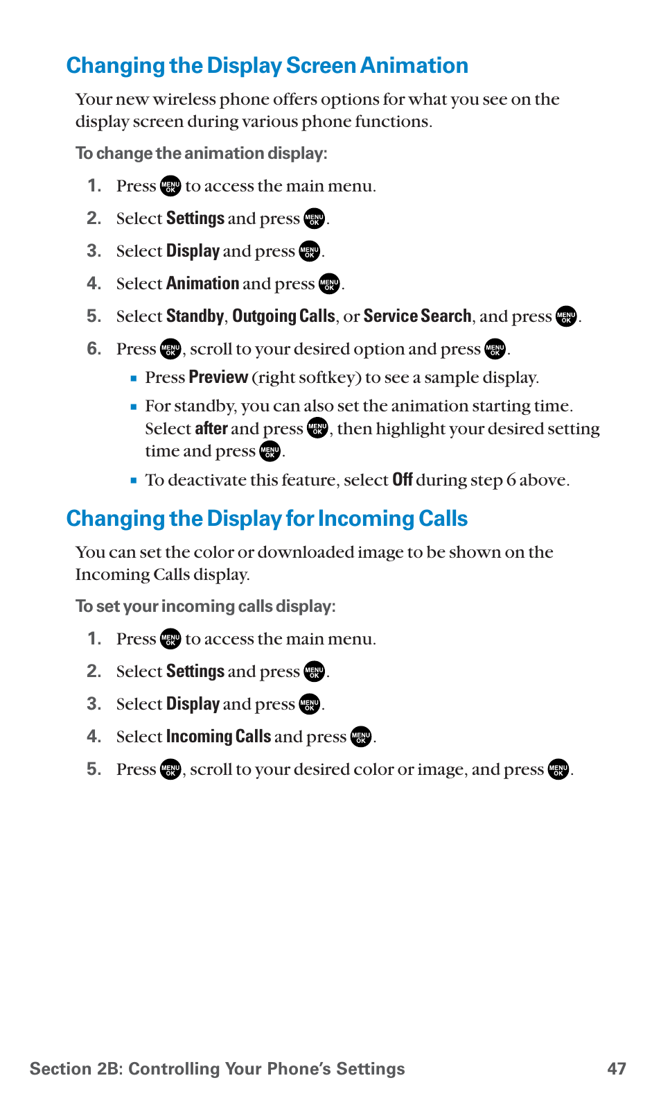 Changing the display screen animation, Changing the display for incoming calls | Sanyo SCP-7400 User Manual | Page 60 / 293