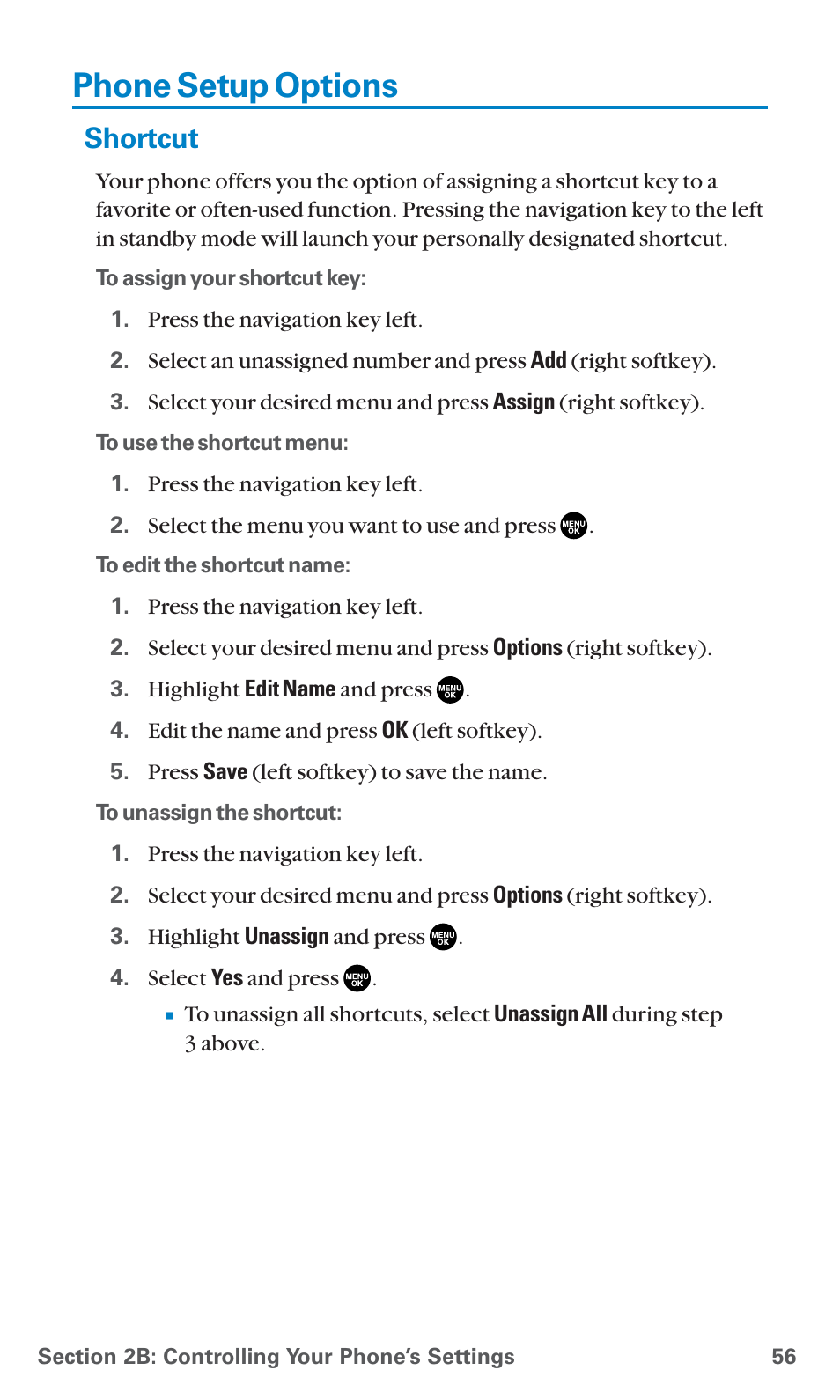 Phone setup options, Shortcut | Sanyo SCP-7400 User Manual | Page 69 / 293