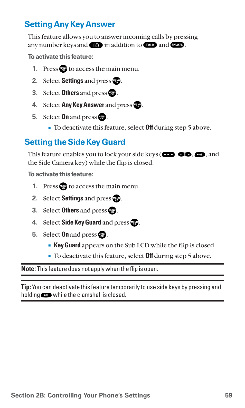 Setting any key answer, Setting the side key guard | Sanyo SCP-7400 User Manual | Page 72 / 293