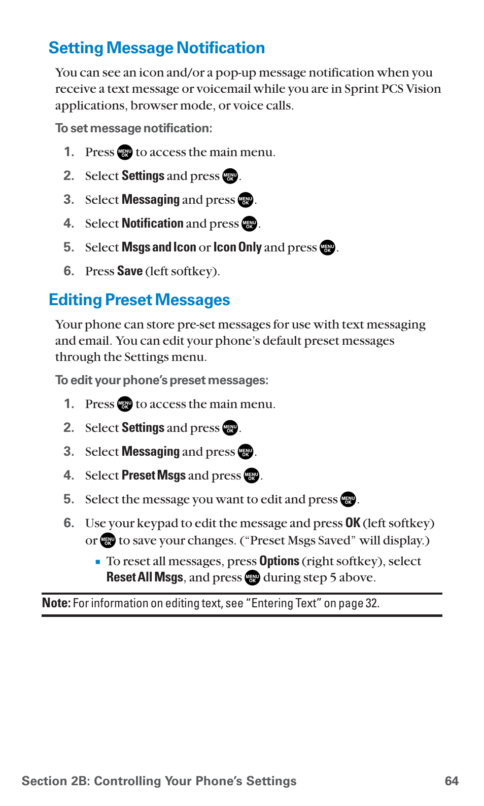 Setting message notification, Editing preset messages | Sanyo SCP-7400 User Manual | Page 77 / 293