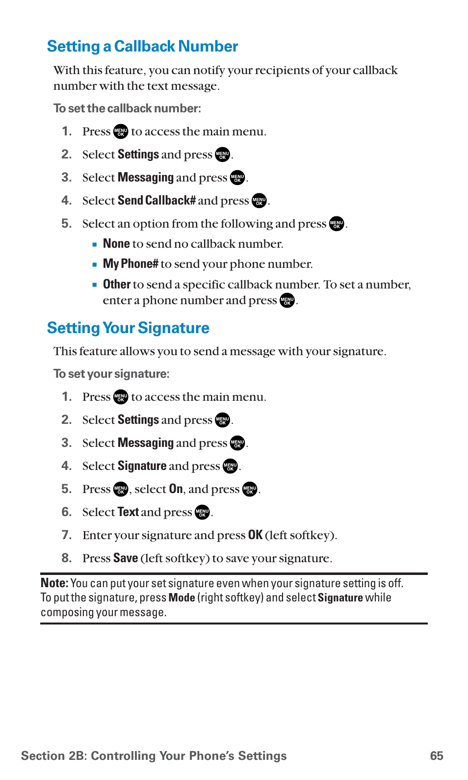 Setting a callback number, Setting your signature | Sanyo SCP-7400 User Manual | Page 78 / 293