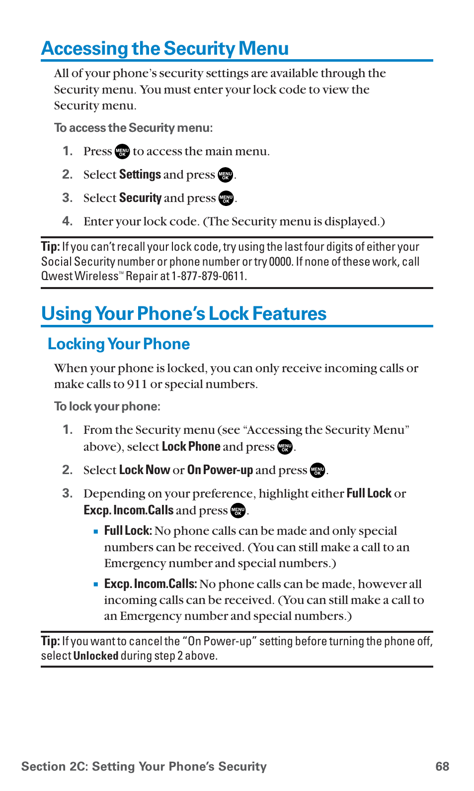 Accessing the security menu, Using your phone’s lock features, Locking your phone | Sanyo SCP-7400 User Manual | Page 81 / 293