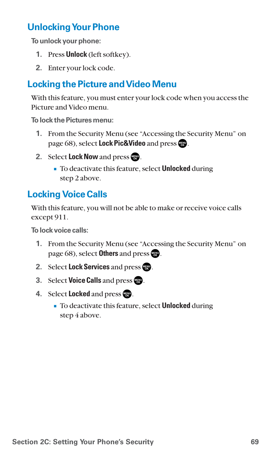 Unlocking your phone, Locking the picture and video menu, Locking voice calls | Sanyo SCP-7400 User Manual | Page 82 / 293