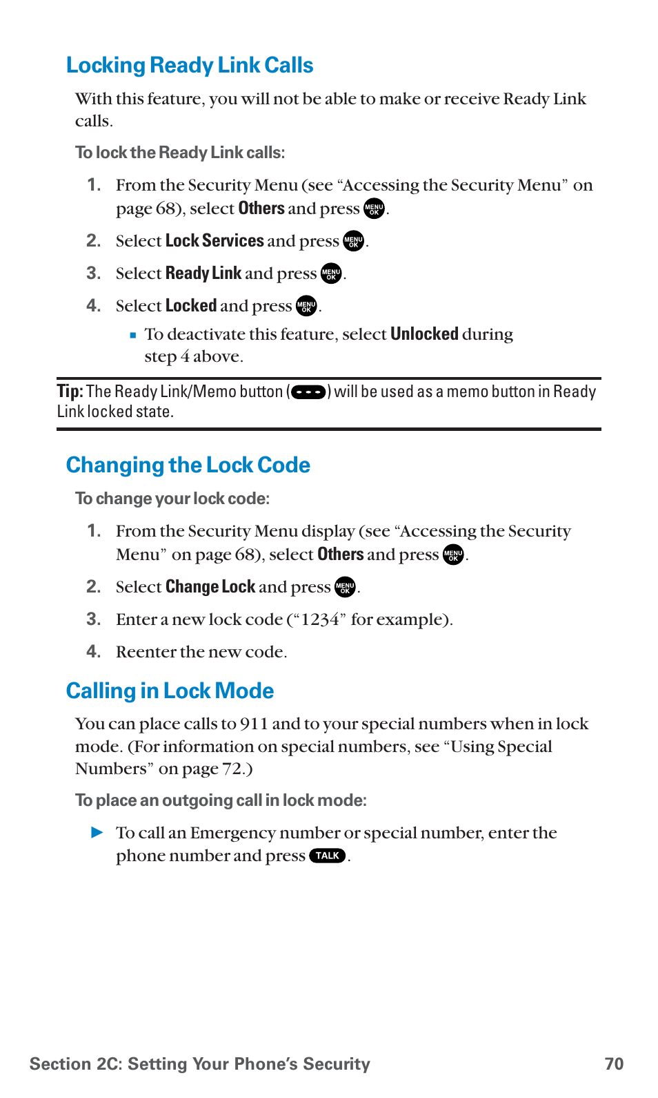 Locking ready link calls, Changing the lock code, Calling in lock mode | Sanyo SCP-7400 User Manual | Page 83 / 293