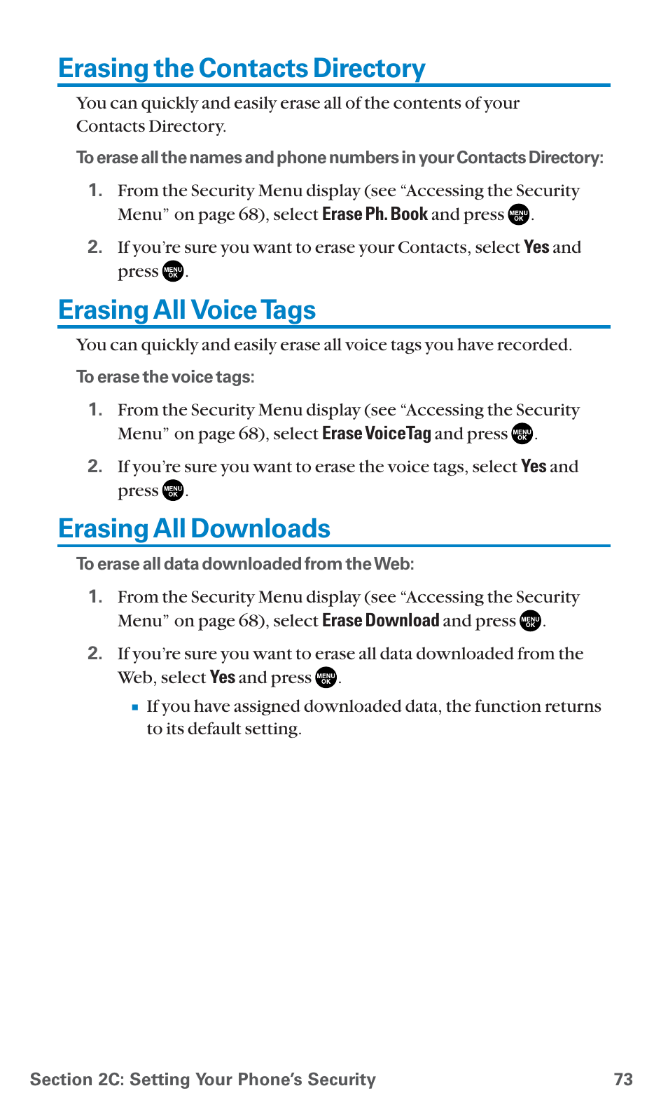 Erasing the contacts directory, Erasing all voice tags, Erasing all downloads | Sanyo SCP-7400 User Manual | Page 86 / 293