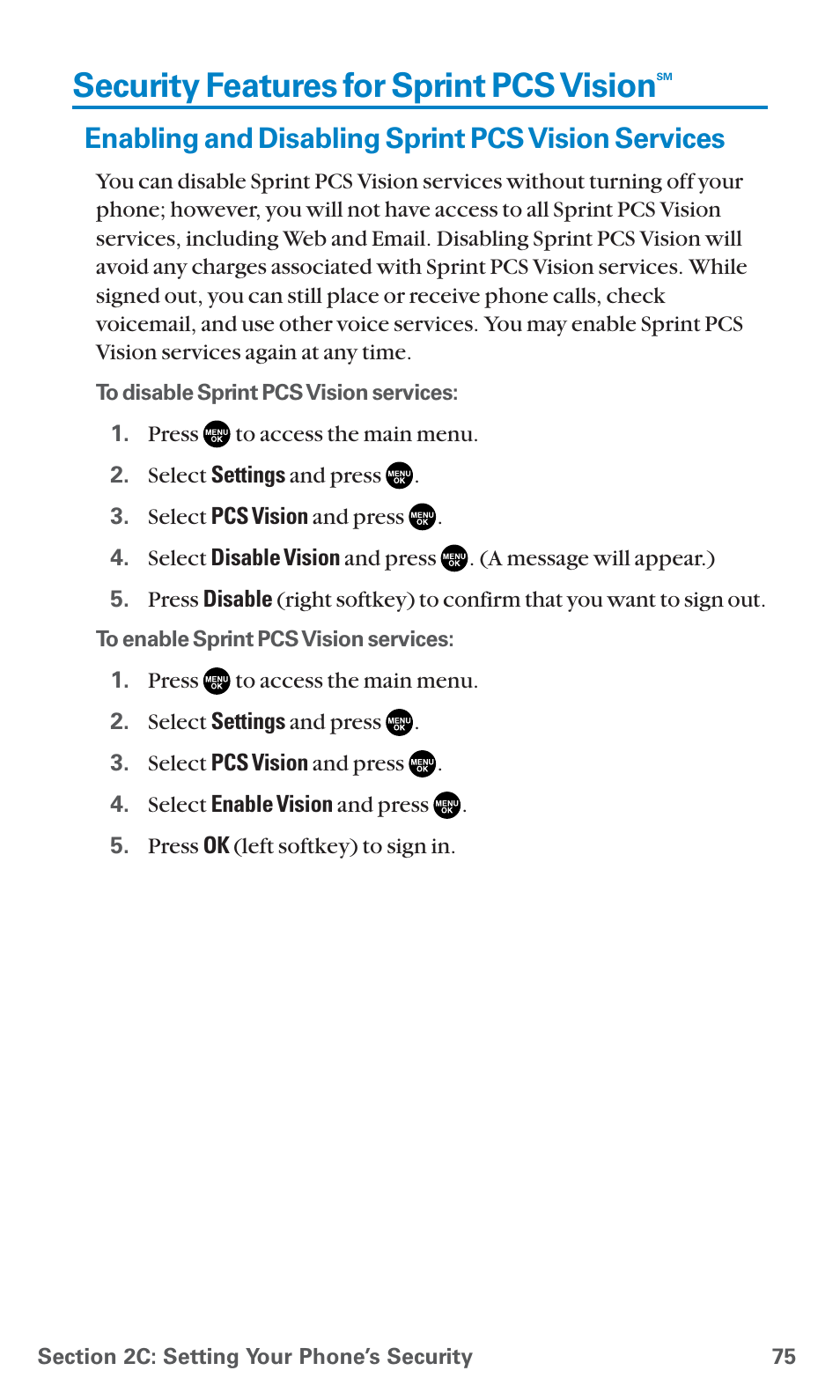 Security features for sprint pcs vision, Enabling and disabling sprint pcs vision services | Sanyo SCP-7400 User Manual | Page 88 / 293