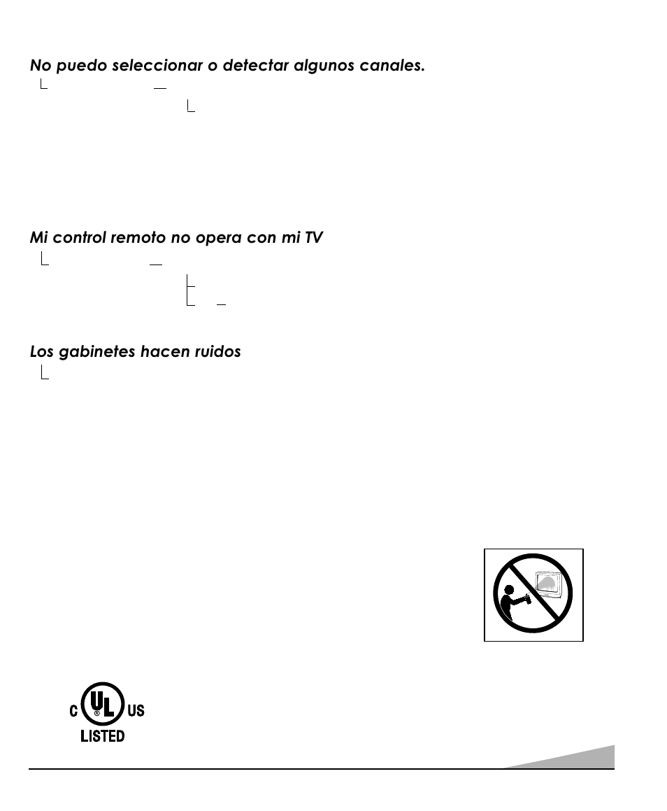 Cuidados y limpieza, Mi control remoto no opera con mi tv, Los gabinetes hacen ruidos | No puedo seleccionar o detectar algunos canales | Sanyo DS25320 User Manual | Page 49 / 52