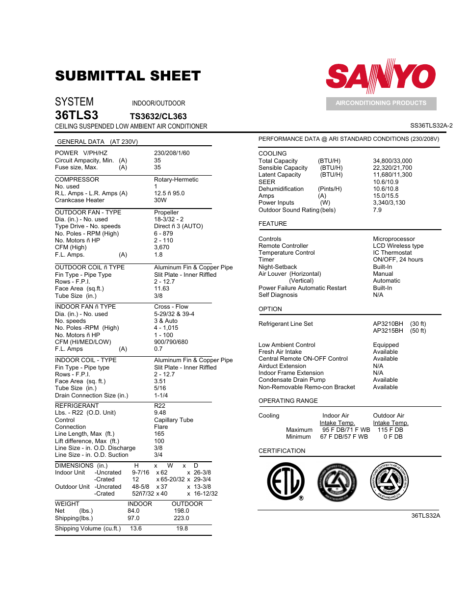 Submittal sheet, 36tls32a, System | Sanyo 36TS32A User Manual | Page 2 / 3
