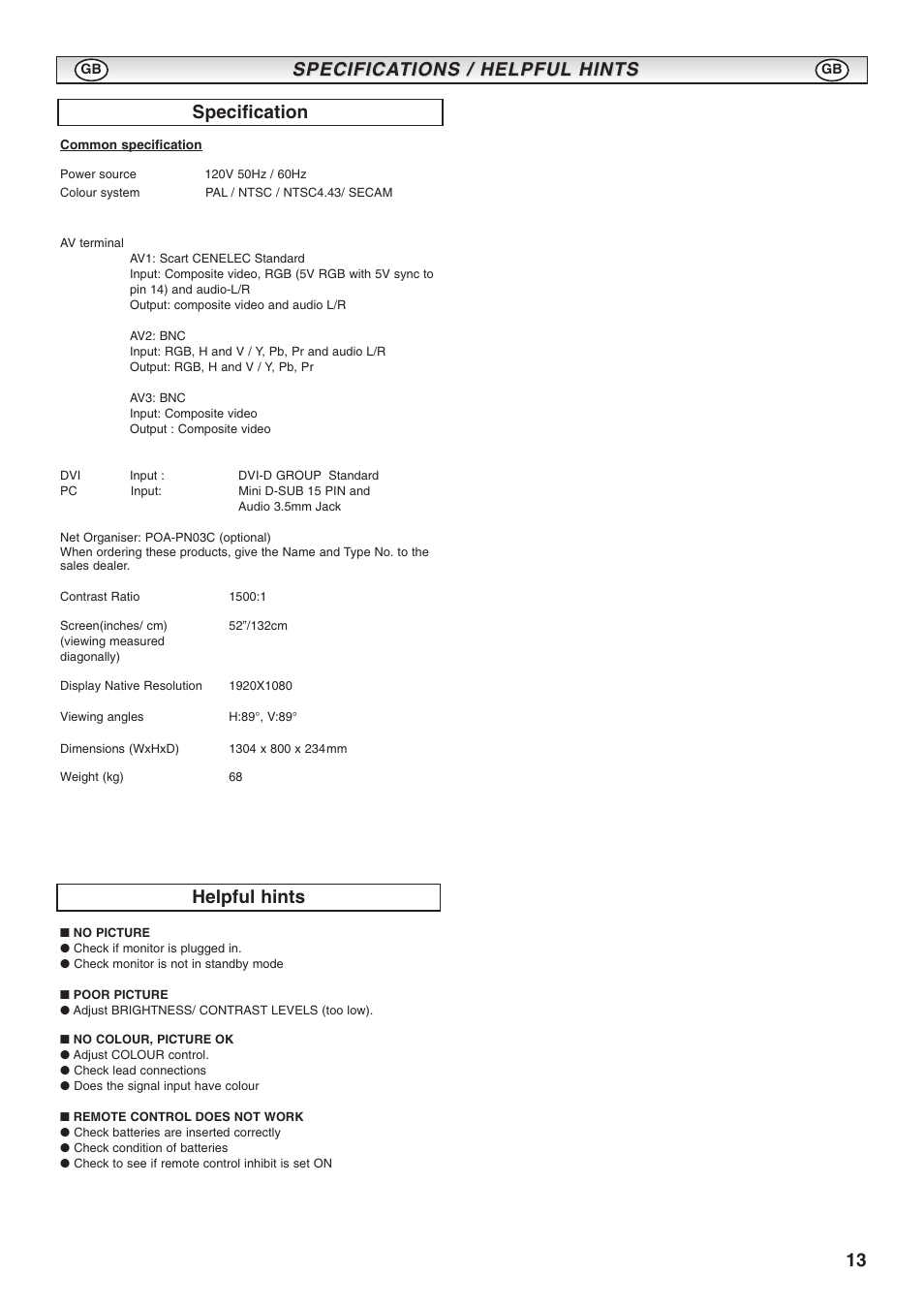 Specifica, Specification helpful hints | Sanyo CE52LH1R User Manual | Page 13 / 16