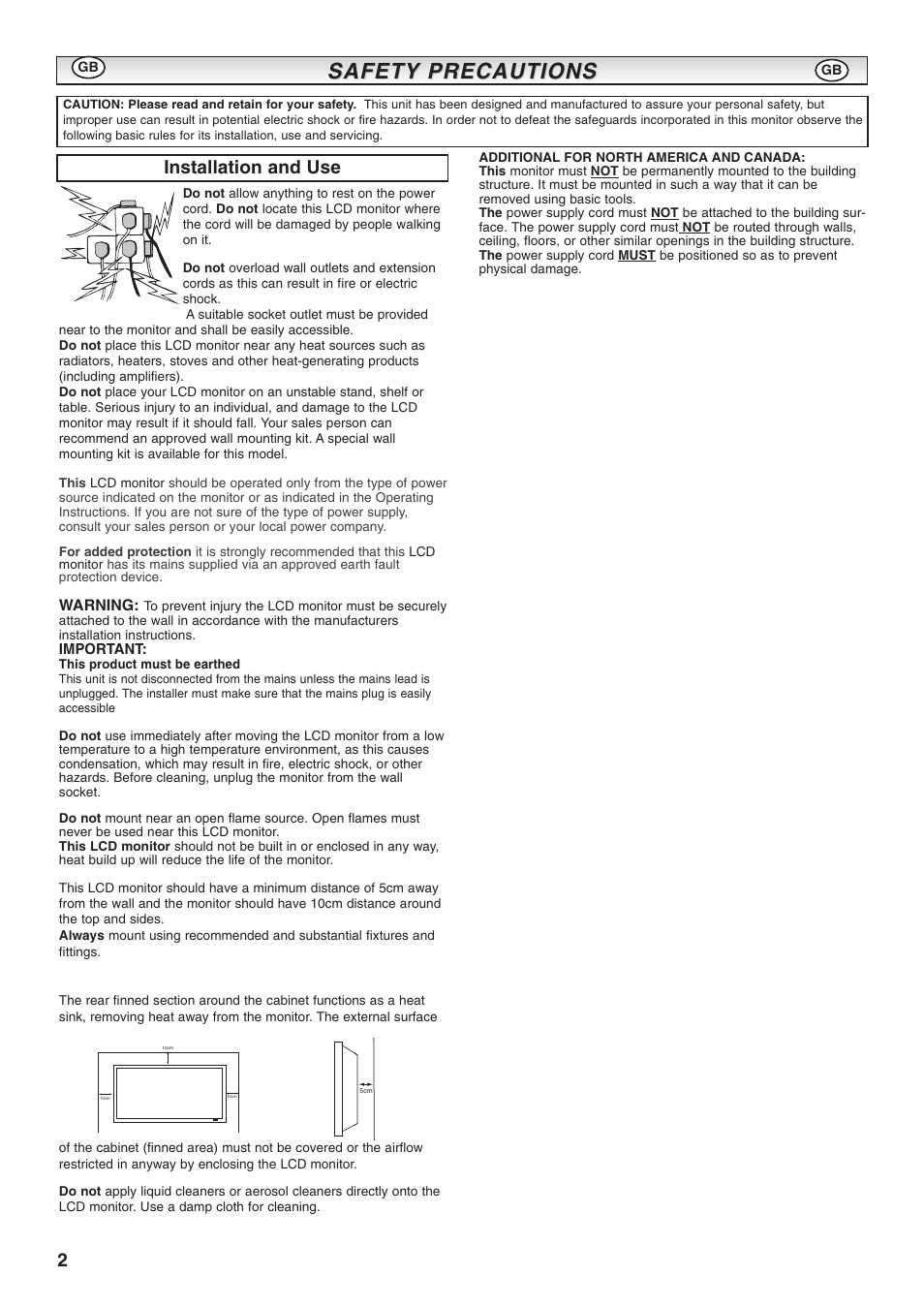 Safety, Safety precautions precautions, Installation and use | Warning | Sanyo CE52LH1R User Manual | Page 2 / 16
