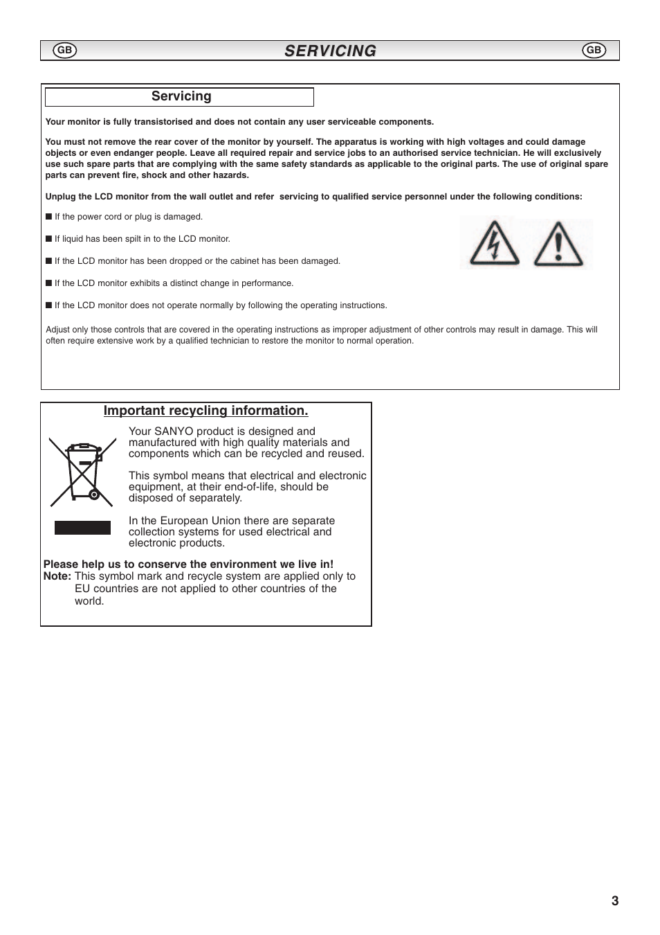 3important recycling information, Servicing | Sanyo CE52LH1R User Manual | Page 3 / 16