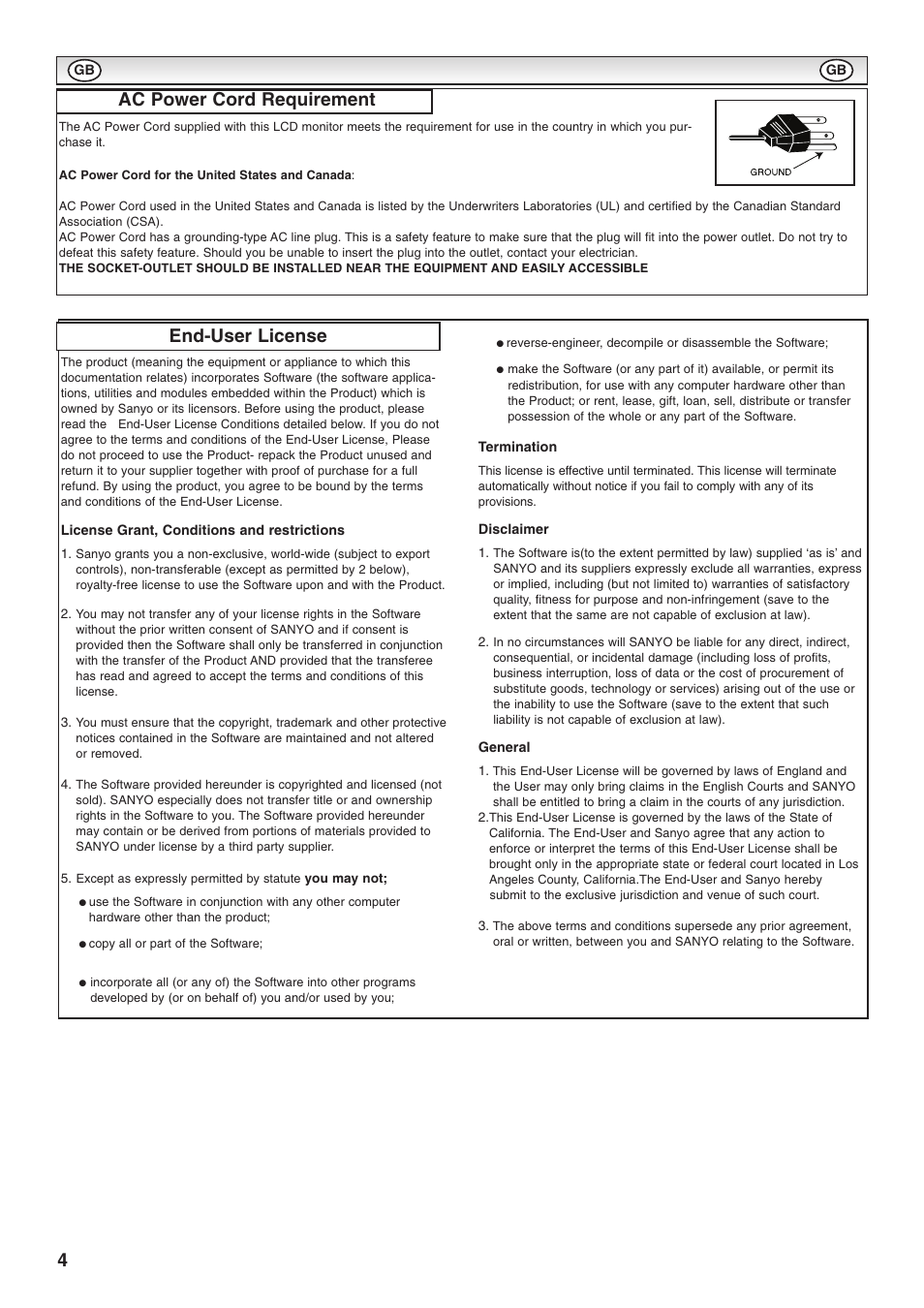 End-user license, Ac power cord requirement | Sanyo CE52LH1R User Manual | Page 4 / 16