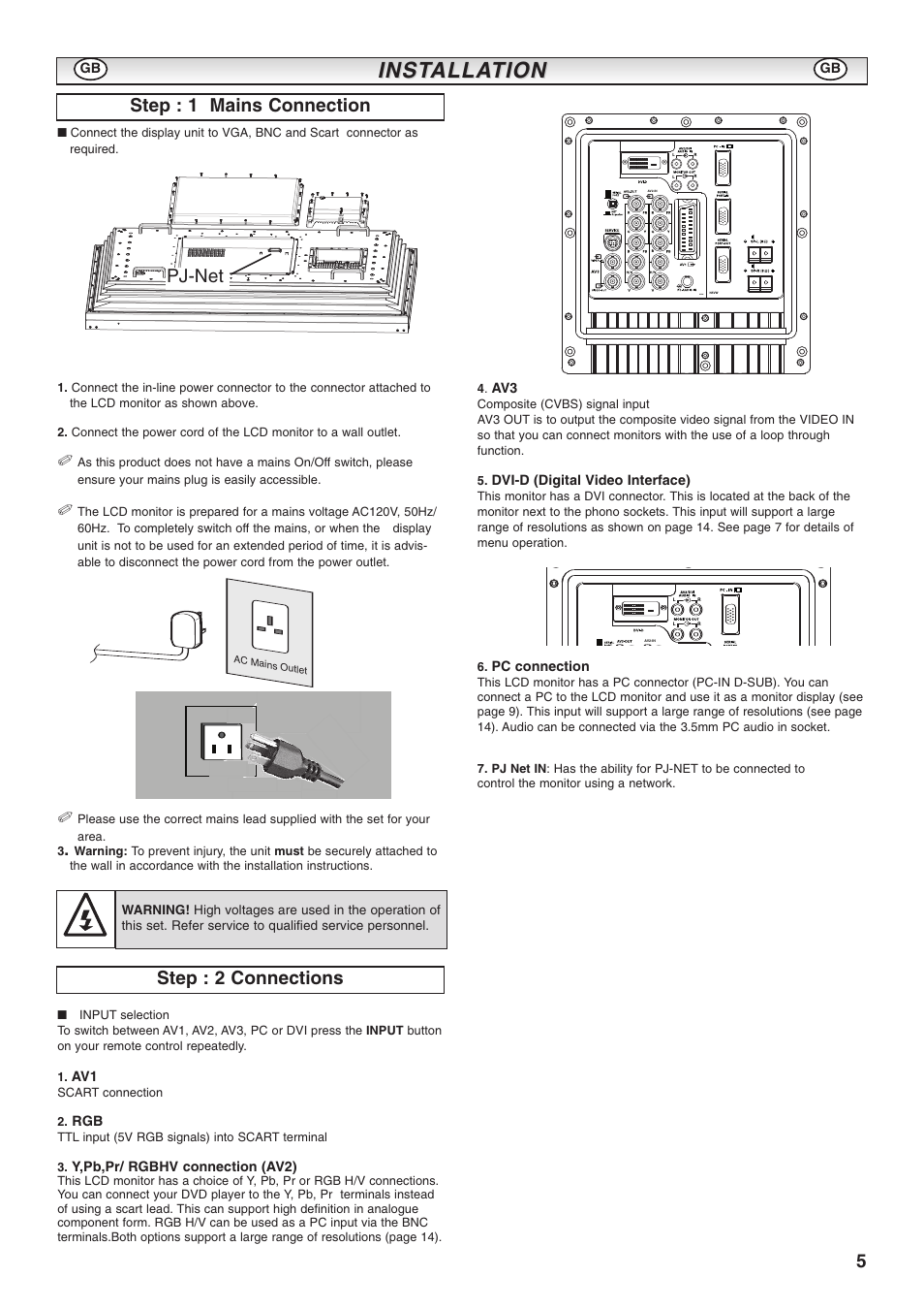 Inst, Inst alla alla tion tion, Step : 1 mains connection | Step : 2 connections, Pj-net | Sanyo CE52LH1R User Manual | Page 5 / 16