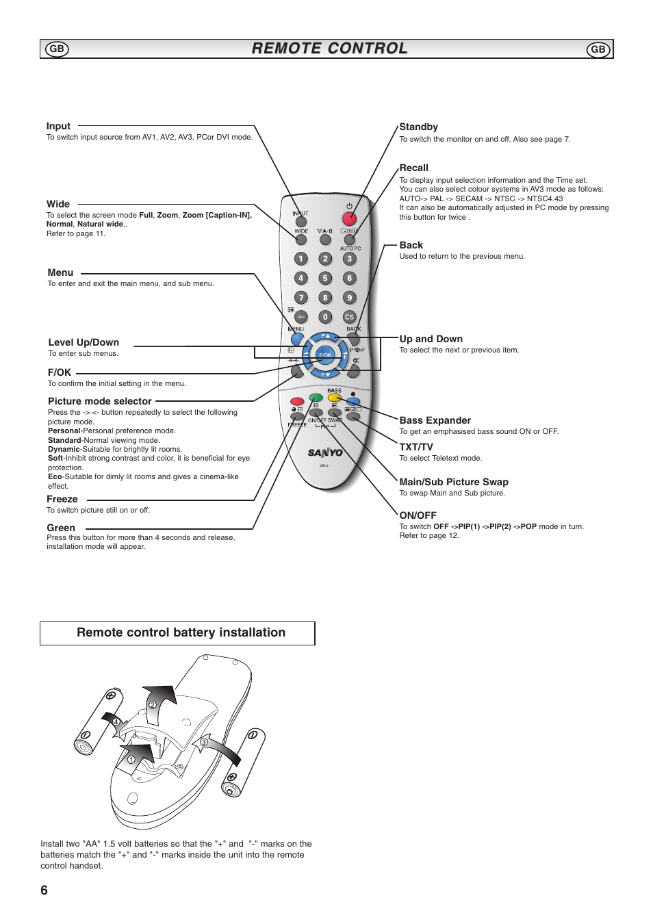 Remote control, Remote control battery installation | Sanyo CE52LH1R User Manual | Page 6 / 16