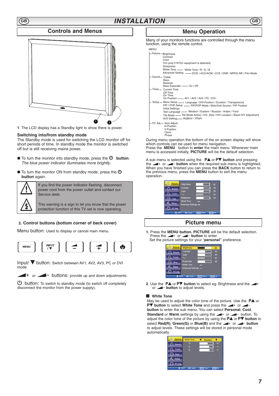 Inst, Inst alla alla tion tion, Controls and menus | Picture menu, Menu operation, Menu button, Input, Button, Buttons, 4 button | Sanyo CE52LH1R User Manual | Page 7 / 16