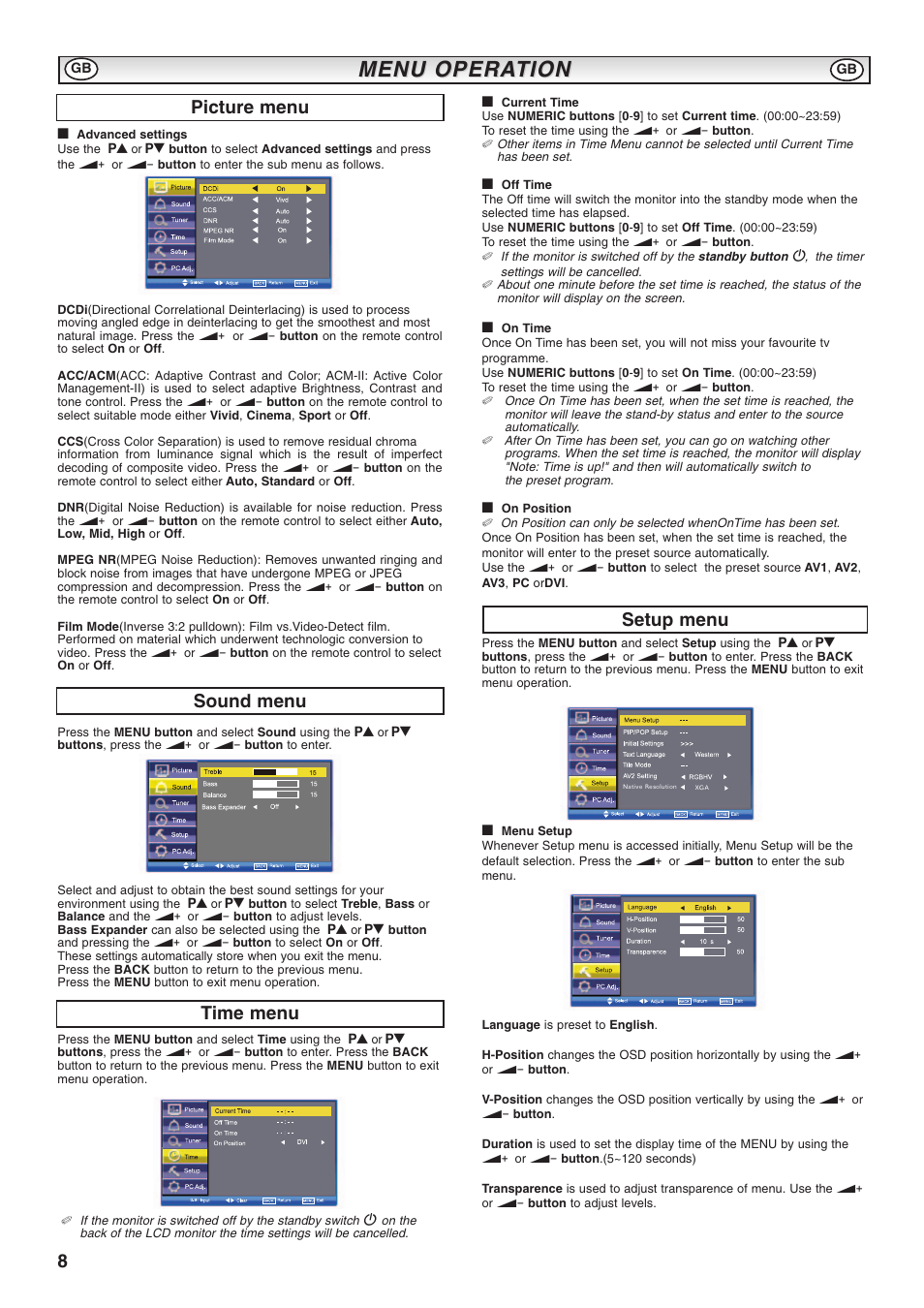 Menu opera, Menu opera tion tion, Sound menu | Setup menu, Picture menu, Time menu | Sanyo CE52LH1R User Manual | Page 8 / 16