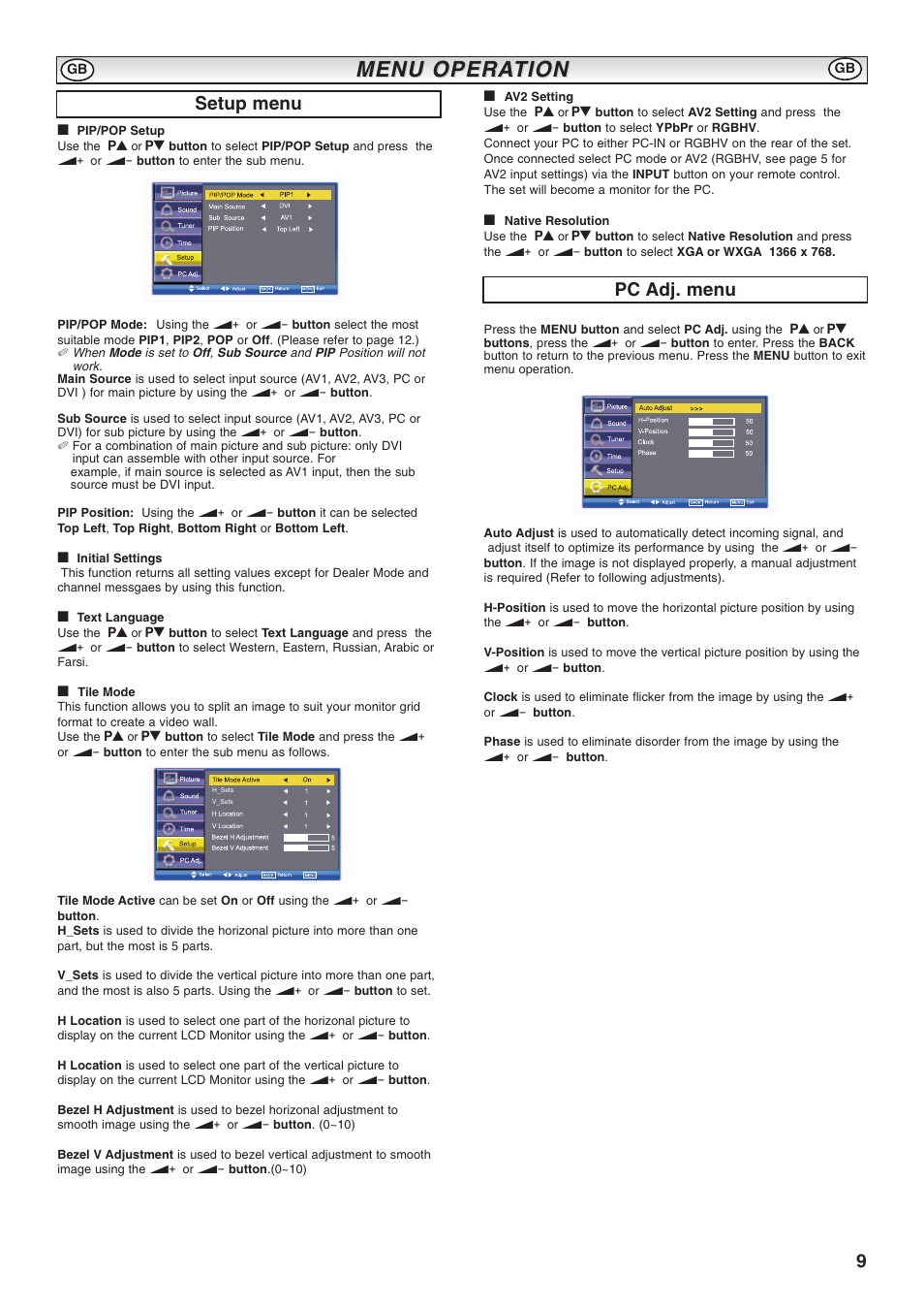 Menu opera, Menu opera tion tion, Setup menu pc adj. menu | Sanyo CE52LH1R User Manual | Page 9 / 16