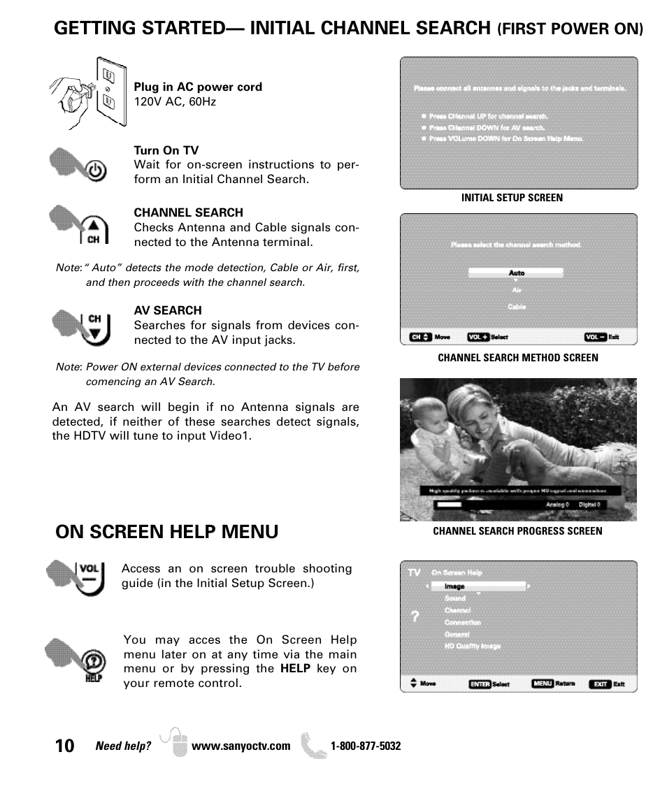 Getting started— initial channel search, On screen help menu, First power on) | Sanyo DP46849 User Manual | Page 10 / 67