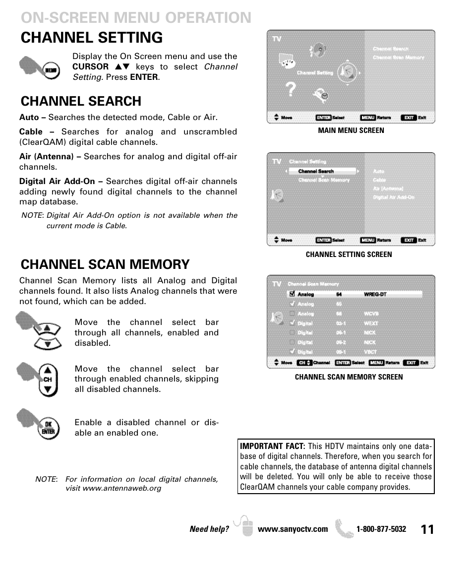 Channel setting, On-screen menu operation, Channel search | Sanyo DP46849 User Manual | Page 11 / 67