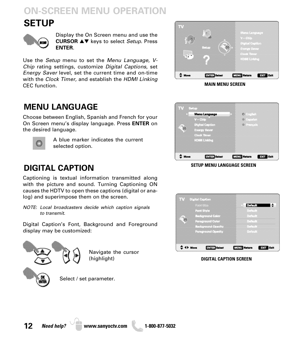 Setup, On-screen menu operation, Menu language | Digital caption | Sanyo DP46849 User Manual | Page 12 / 67