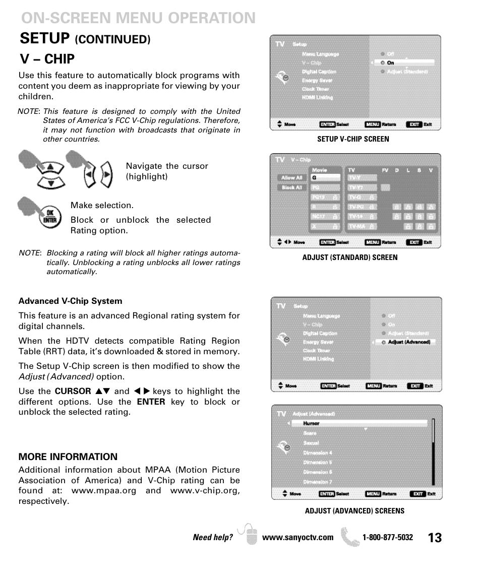 Setup, On-screen menu operation, V – chip | Continued) | Sanyo DP46849 User Manual | Page 13 / 67