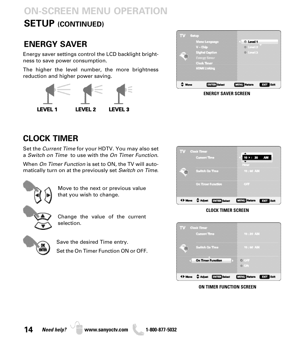 Setup, On-screen menu operation, Energy saver | Clock timer, Continued) | Sanyo DP46849 User Manual | Page 14 / 67