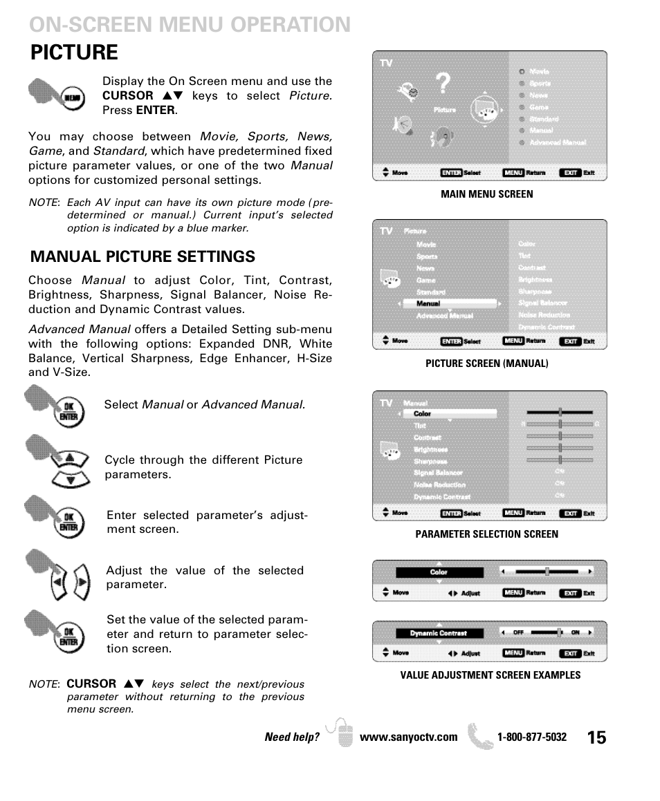 Picture on-screen menu operation, Manual picture settings | Sanyo DP46849 User Manual | Page 15 / 67