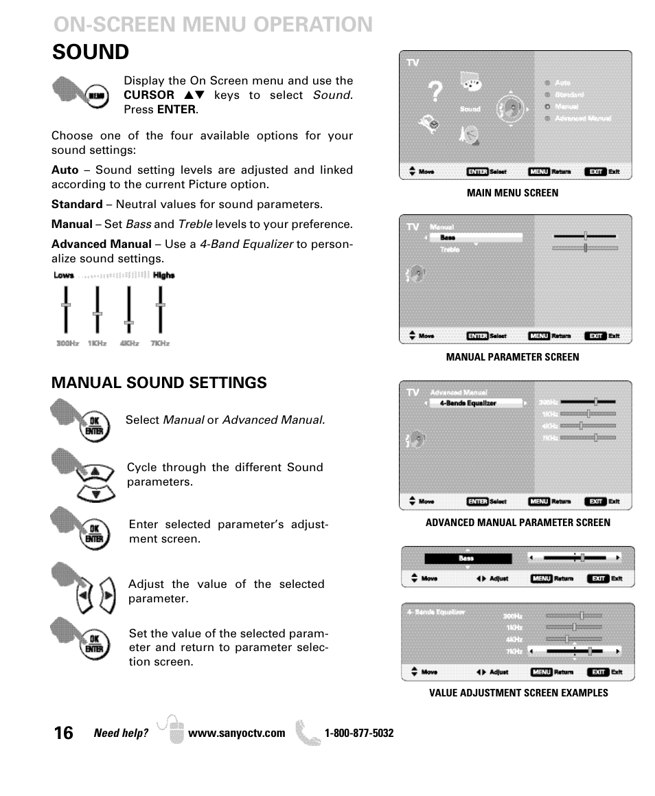 Sound, On-screen menu operation, Manual sound settings | Sanyo DP46849 User Manual | Page 16 / 67