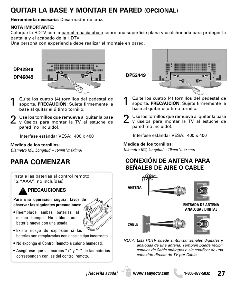 Quitar la base y montar en pared, Para comenzar | Sanyo DP46849 User Manual | Page 27 / 67