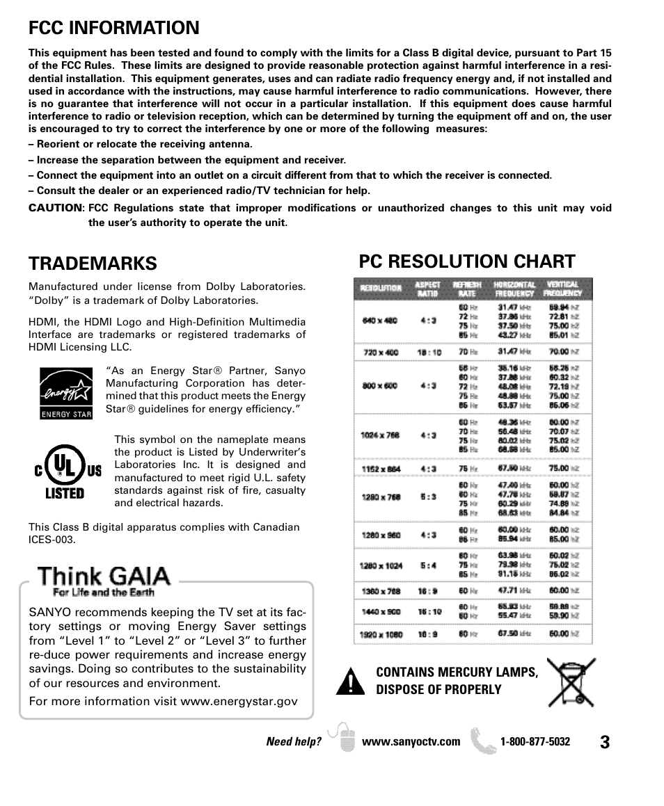 Fcc information, Trademarks, Pc resolution chart | Sanyo DP46849 User Manual | Page 3 / 67