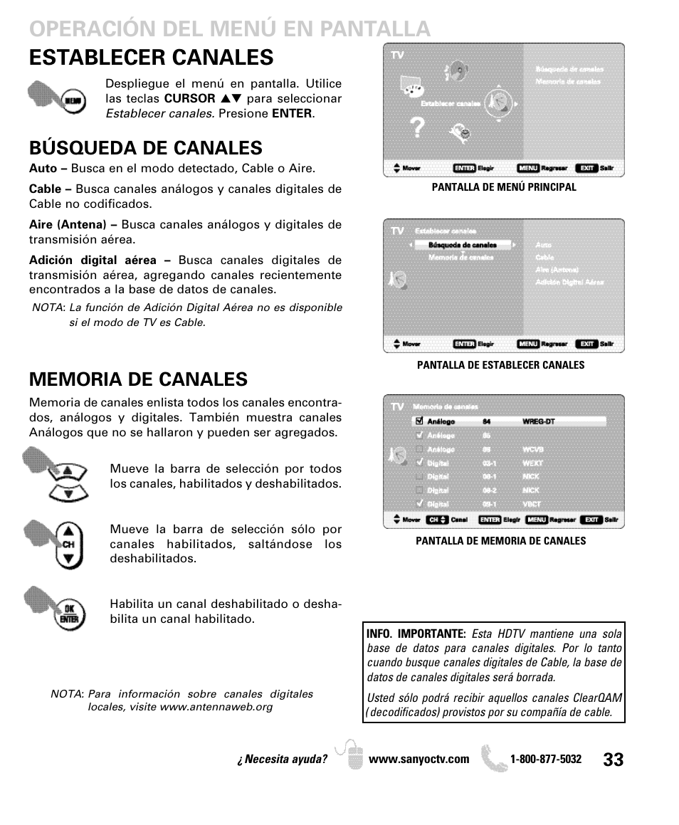 Establecer canales, Operación del menú en pantalla, Búsqueda de canales | Sanyo DP46849 User Manual | Page 33 / 67